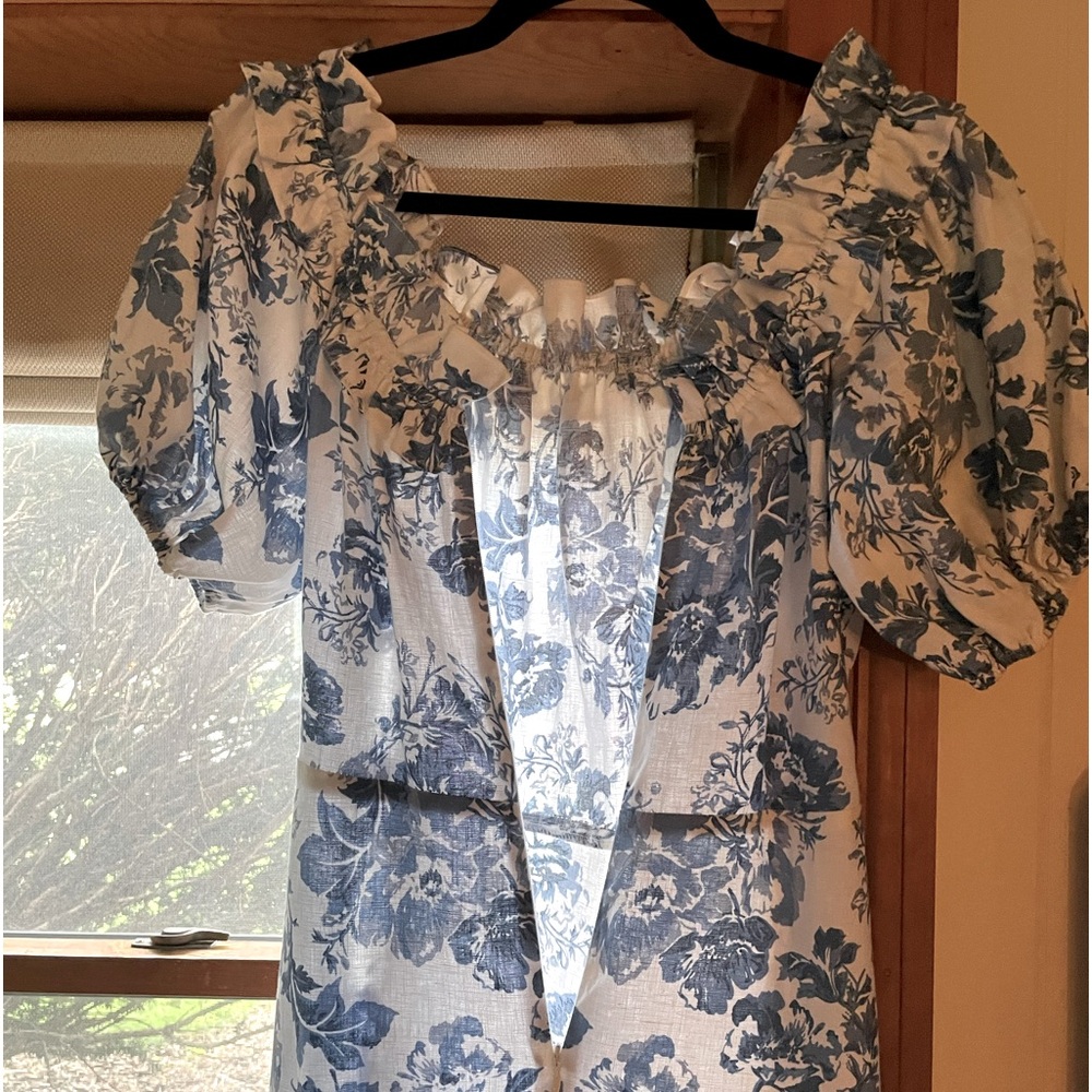 Réformation Linen Midi Blue and White Dress